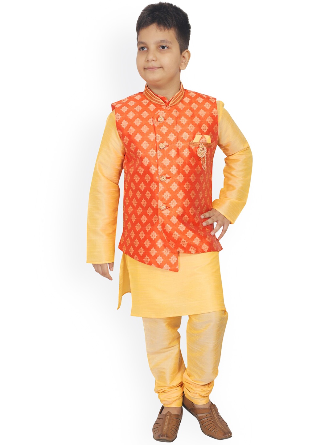 

KIDS FARM Boys Dupion Silk Kurta & Churidar With Ethnic Motifs Jacket, Yellow