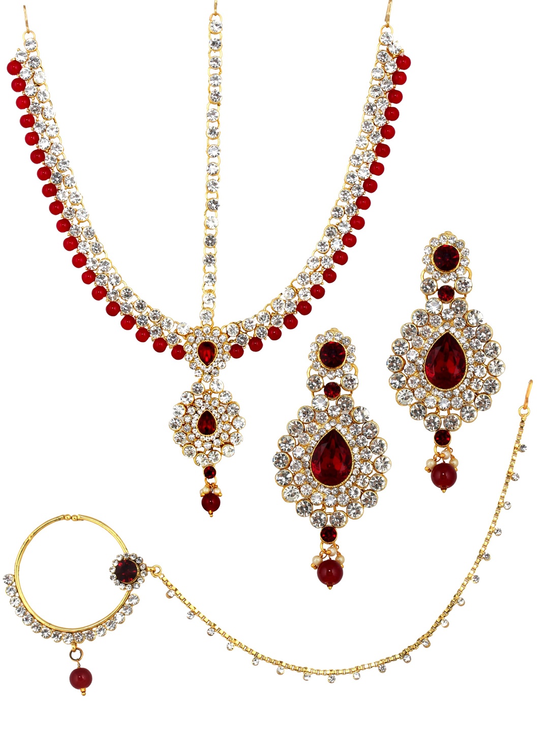 

LUCKY JEWELLERY Gold-Plated & Toned Maroon Crystal Stone Studded Jewellery Set