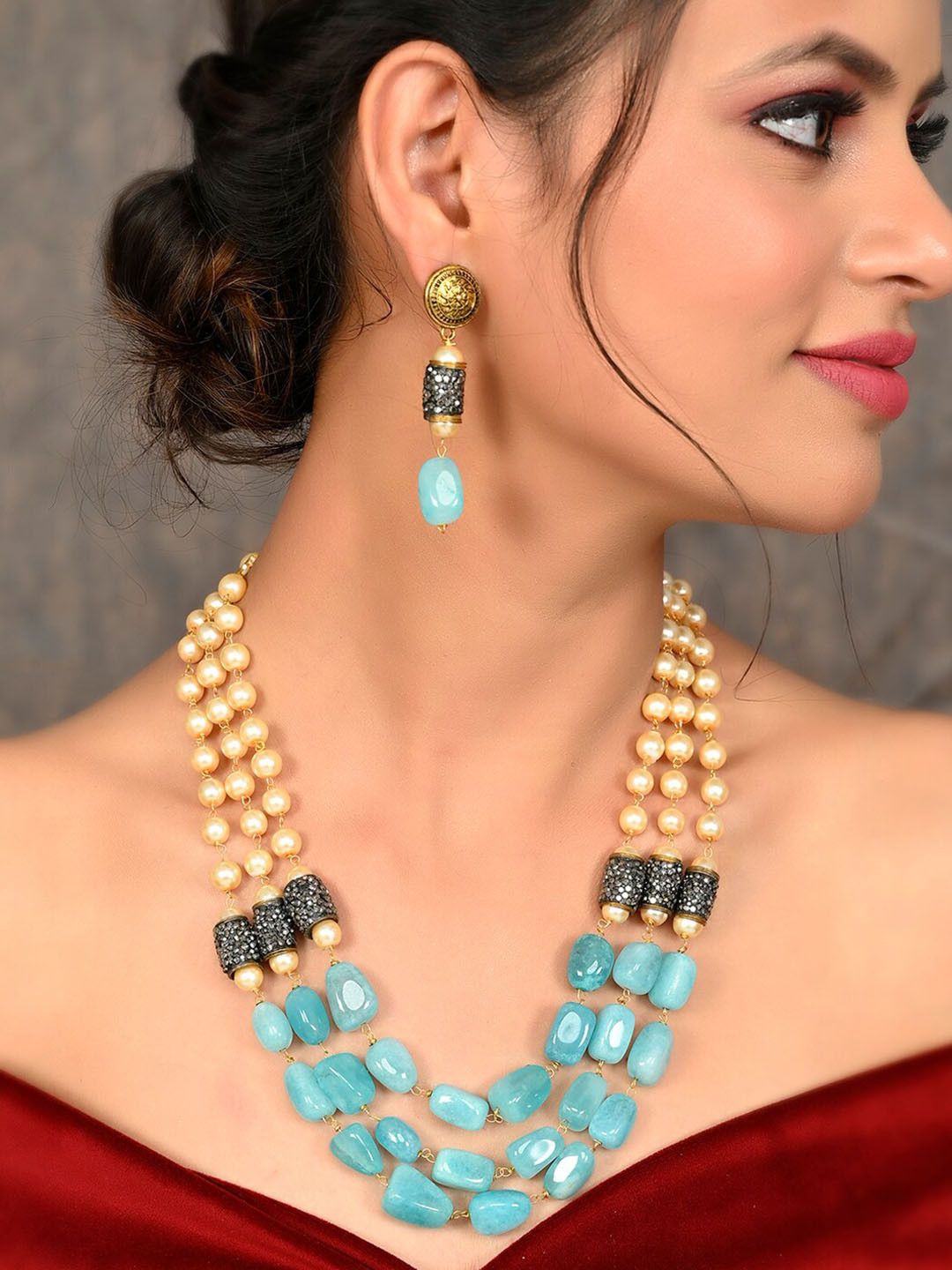 

Silvermerc Designs Gold-Plated Blue & Quartz Beaded Enamelled Jewellery Set