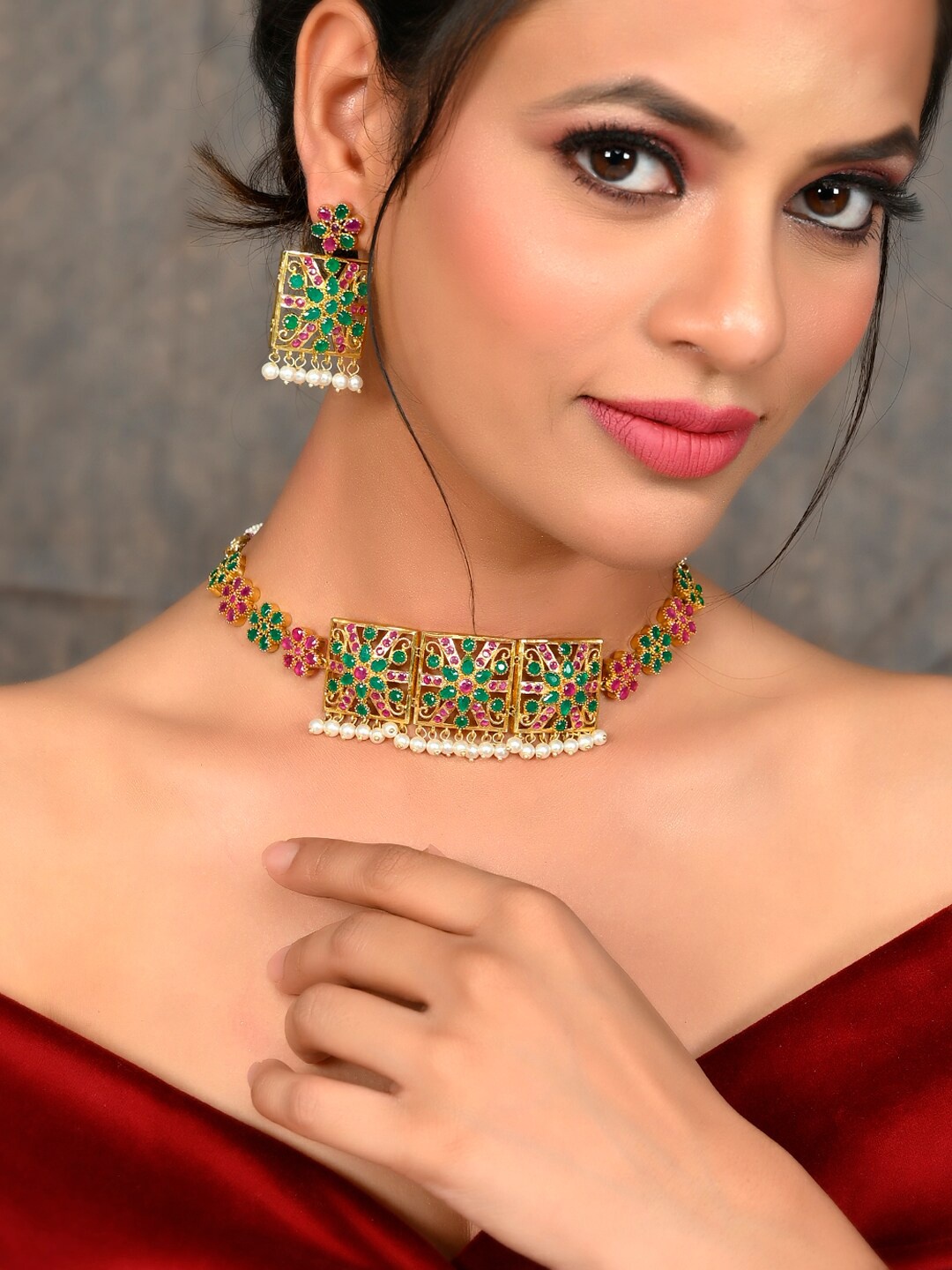 

Silvermerc Designs Gold-Plated AD-Studded & Beaded Jewellery Set