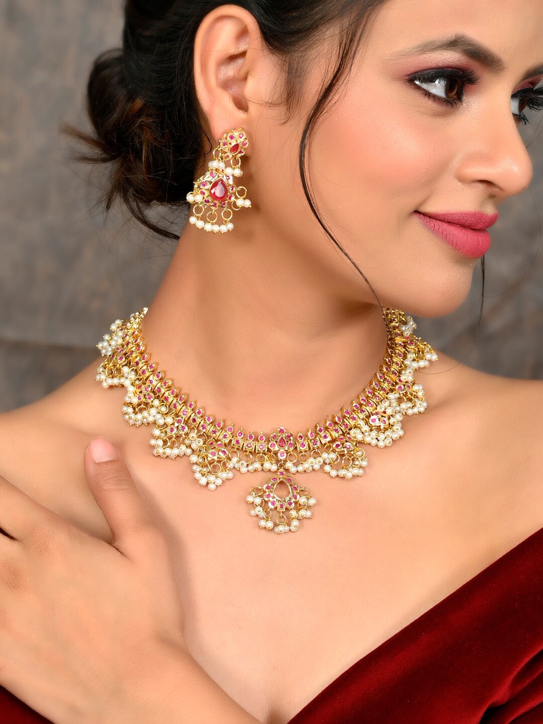 

Silvermerc Designs Gold-Plated CZ Stone-Studded & Beaded Jewellery Set