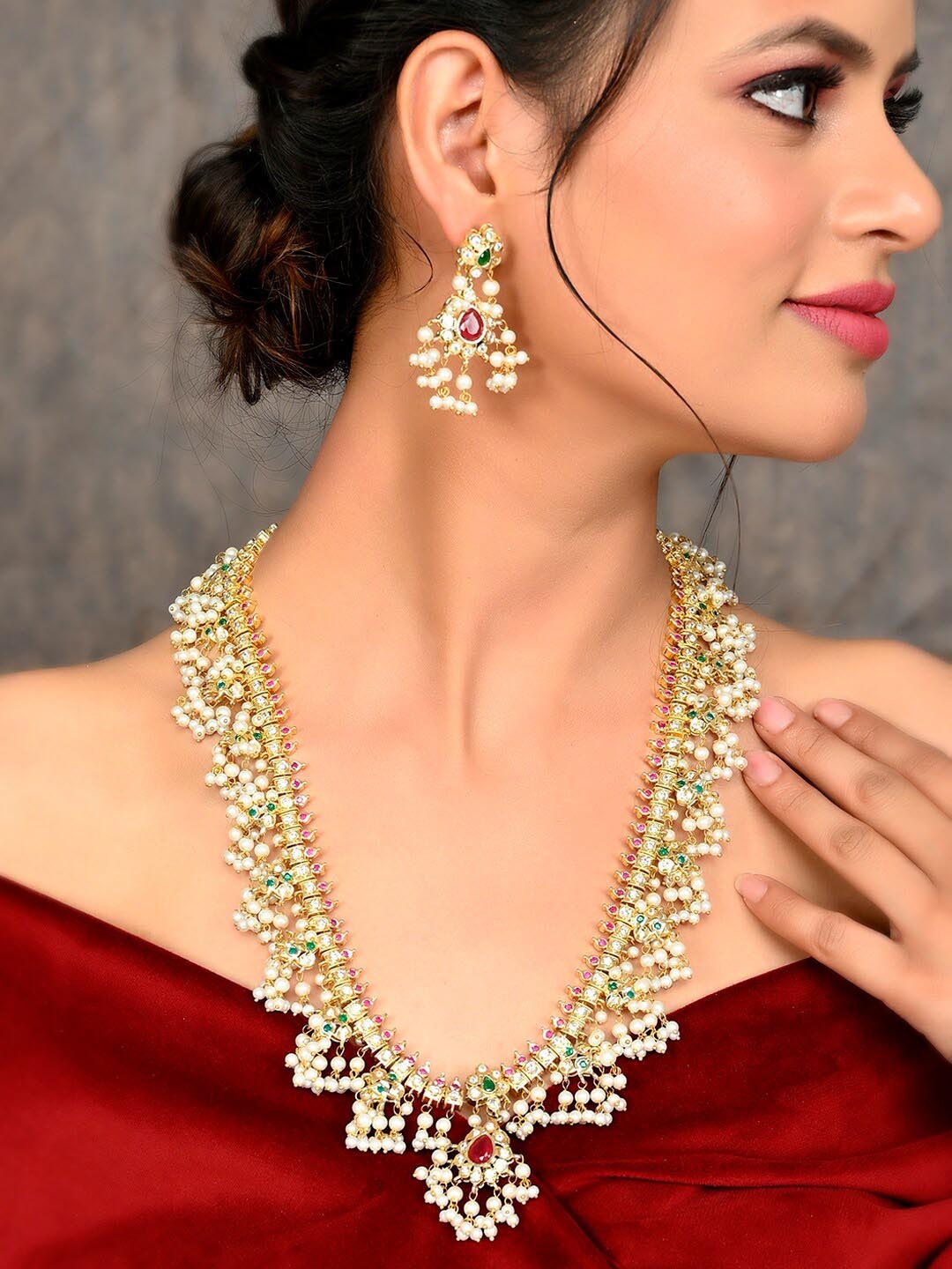 

Silvermerc Designs Gold-Plated CZ-Studded & Beaded Jewellery Set