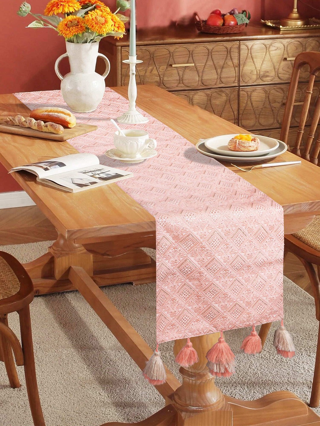 

Mezposh 6 seater Embroidered Table Runner, Peach