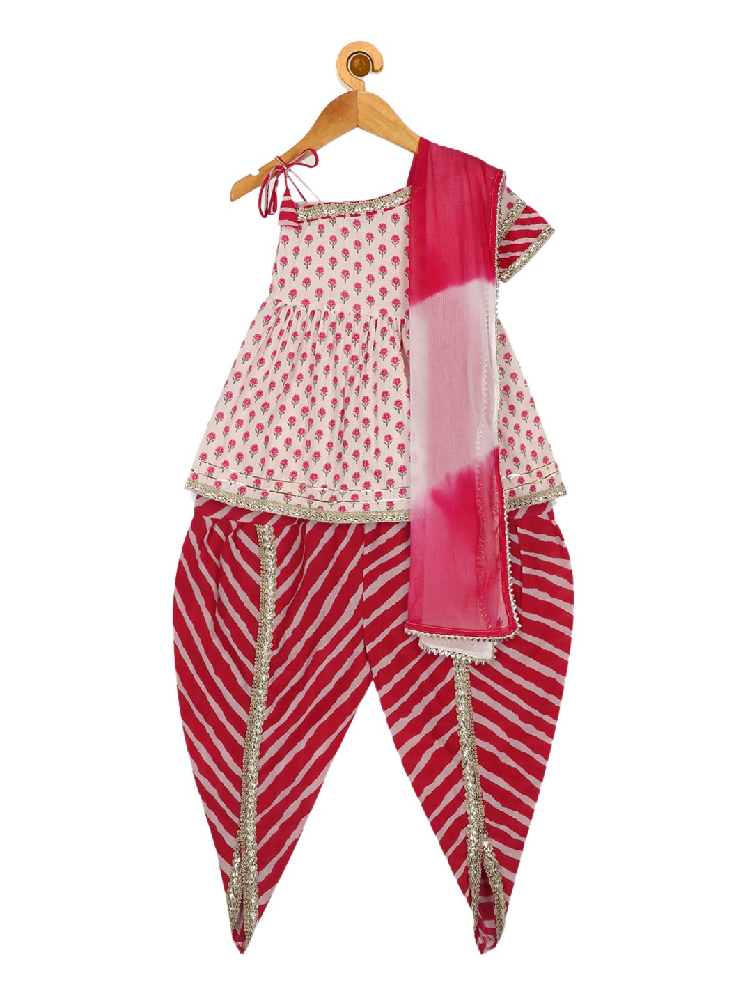 

Ka-mee Girls Pink Printed Gotta Patti Pure Cotton Kurti with Dhoti Pants & With Dupatta