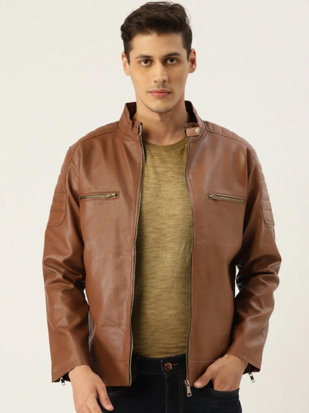 

Leather Retail Men Faux Leather Biker Jacket, Brown