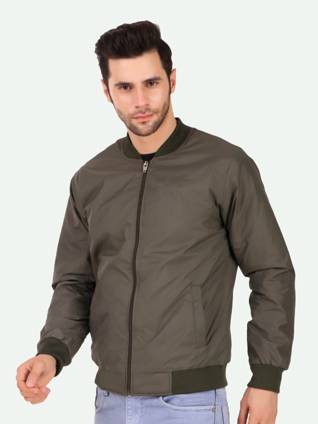 

Leather Retail Men Windcheater Outdoor Bomber Jacket, Olive