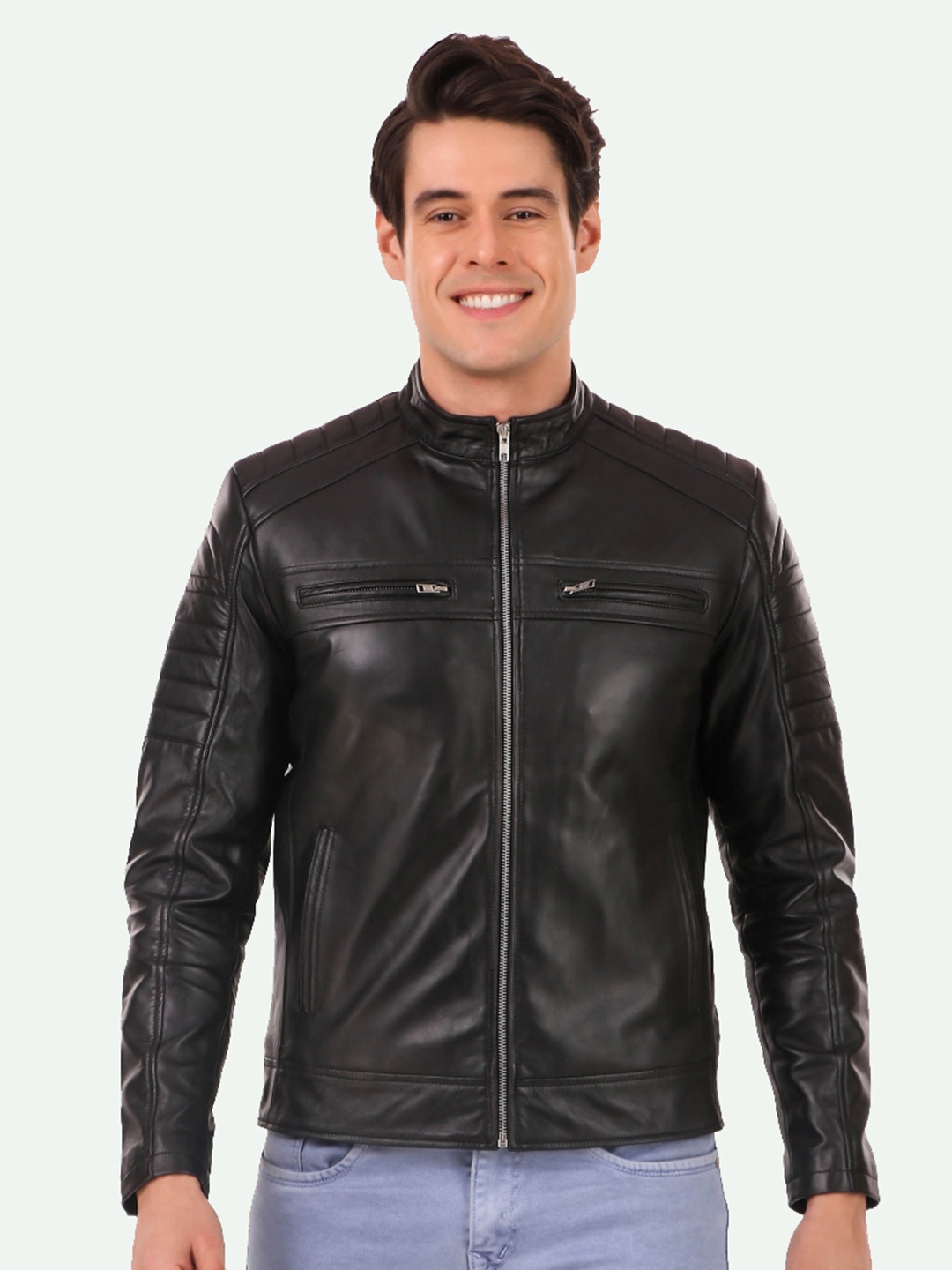 

Leather Retail Men Leather Crop Outdoor Biker Jacket, Black