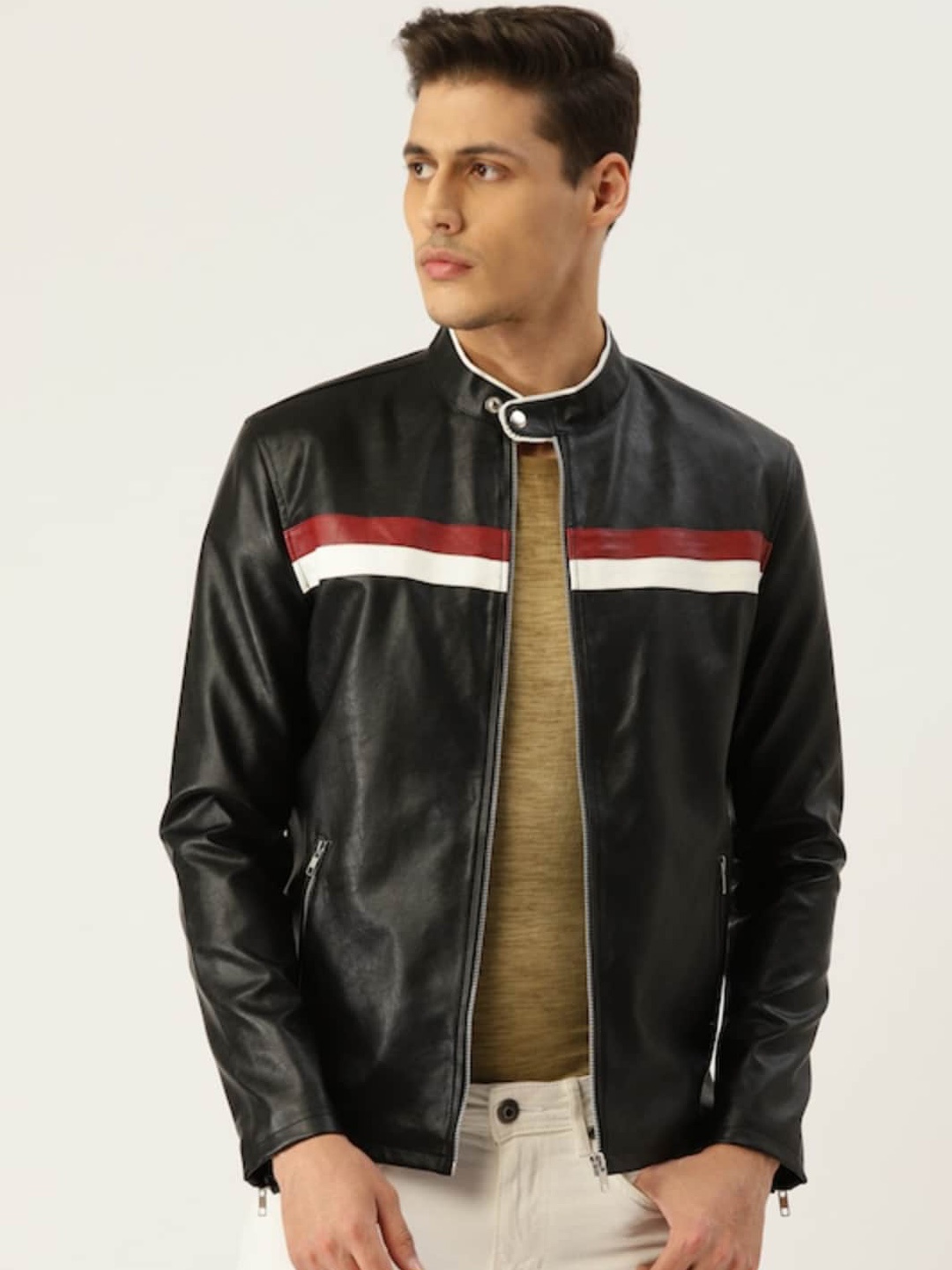 

Leather Retail Men Striped Outdoor Biker Jacket, Black