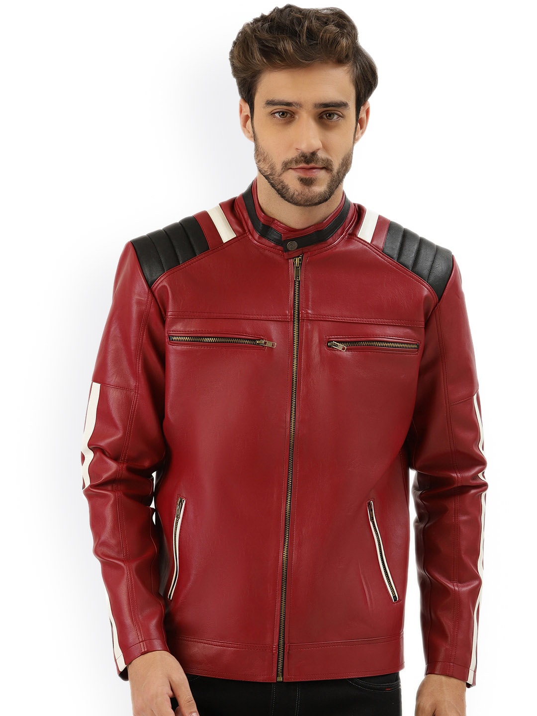 

Leather Retail Men Outdoor Biker Jacket with Patchwork, Red