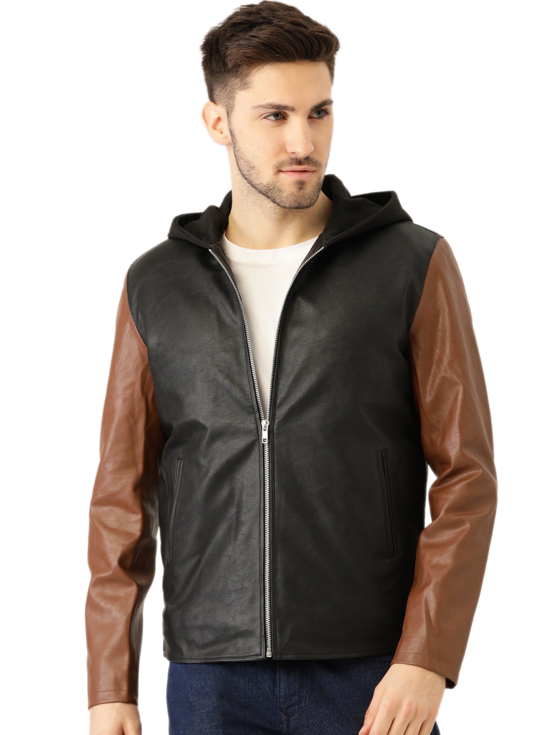 

Leather Retail Men Colourblocked Outdoor Biker Jacket, Black