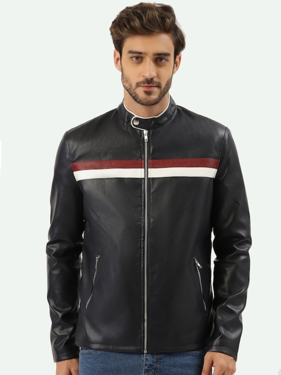 

Leather Retail Men Striped Biker Jacket, Blue