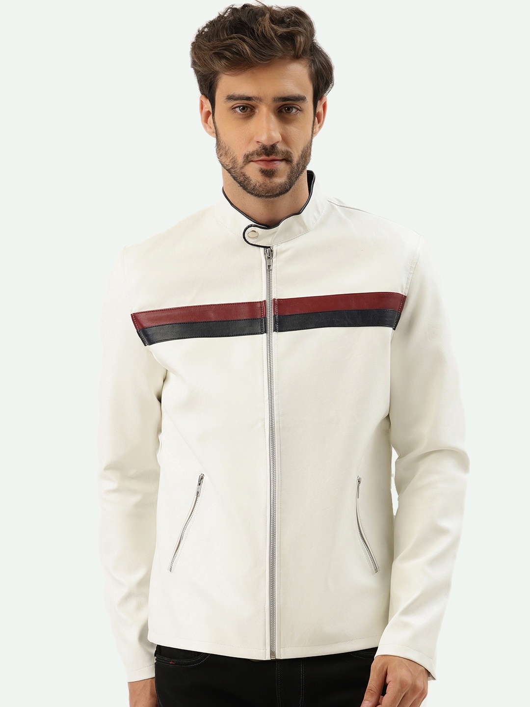 

Leather Retail Men Striped Biker Jacket, White