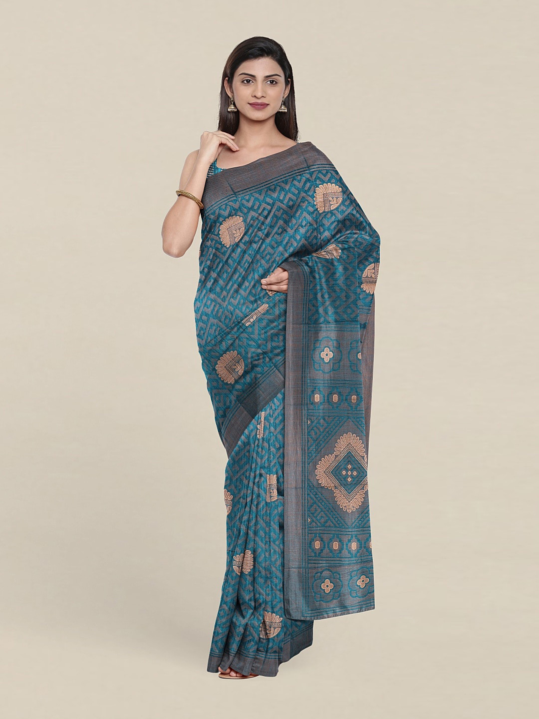 

Pothys Teal & Copper-Toned Saree