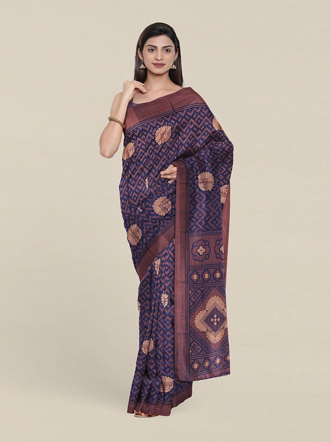 

Pothys Navy Blue & Brown Geometric Printed Saree