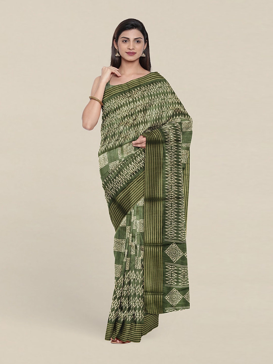 

Pothys Green & Olive Green Geometric Printed Saree