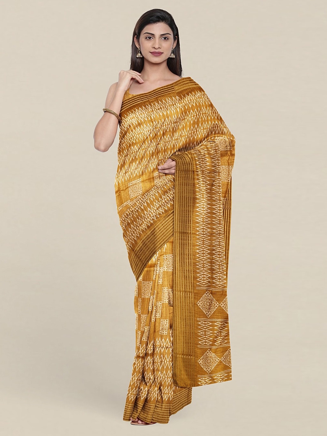 

Pothys Geometric Print With Striped Border Saree, Mustard