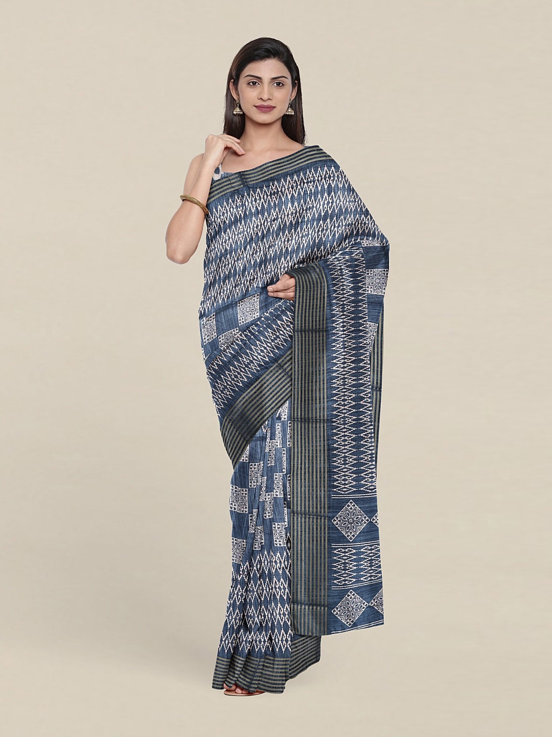 

Pothys Geometric Print Saree With Unstitched Blouse, Blue