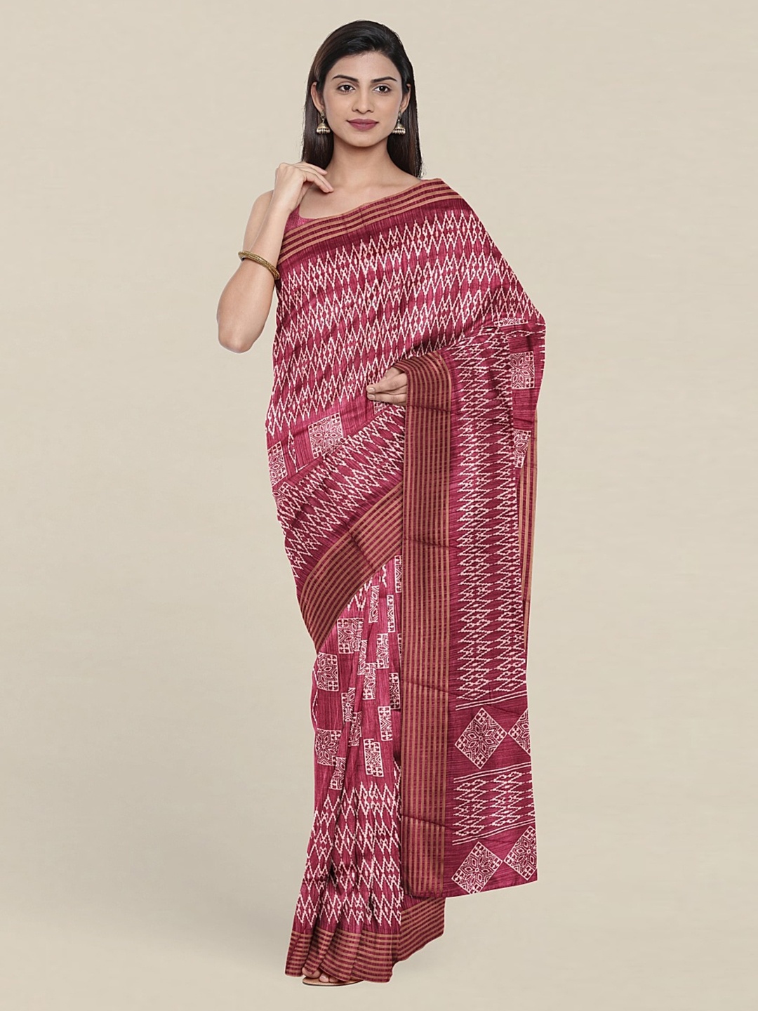 

Pothys Geometric Print Saree With Unstitched Blouse, Magenta