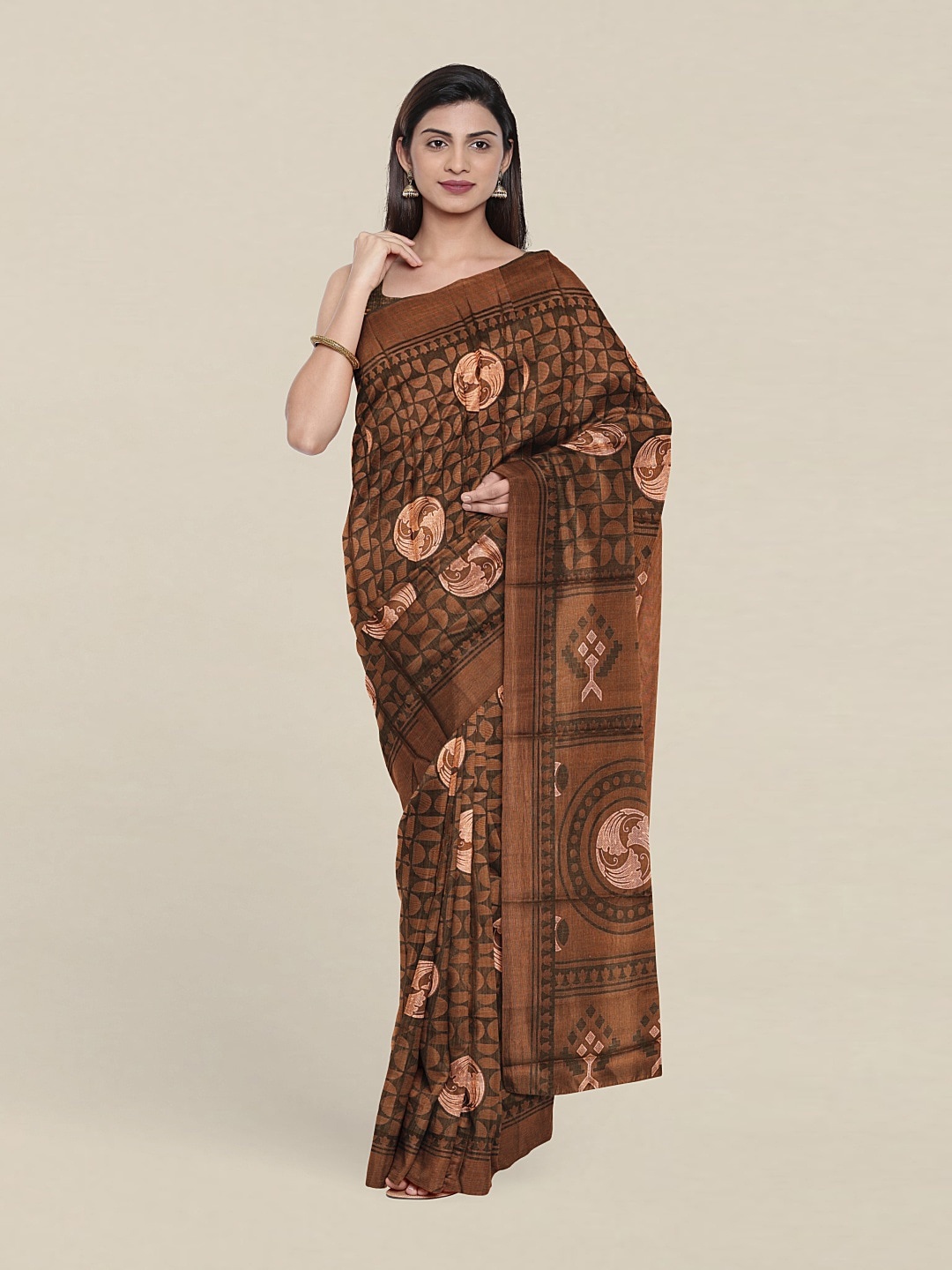 

Pothys Geometric Print Saree With Unstitched Blouse, Green