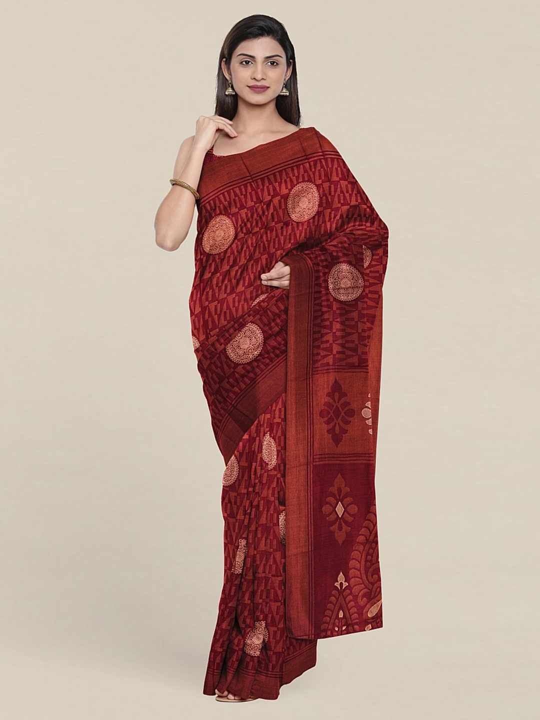 

Pothys Geometric Print Saree With Unstitched Saree, Maroon