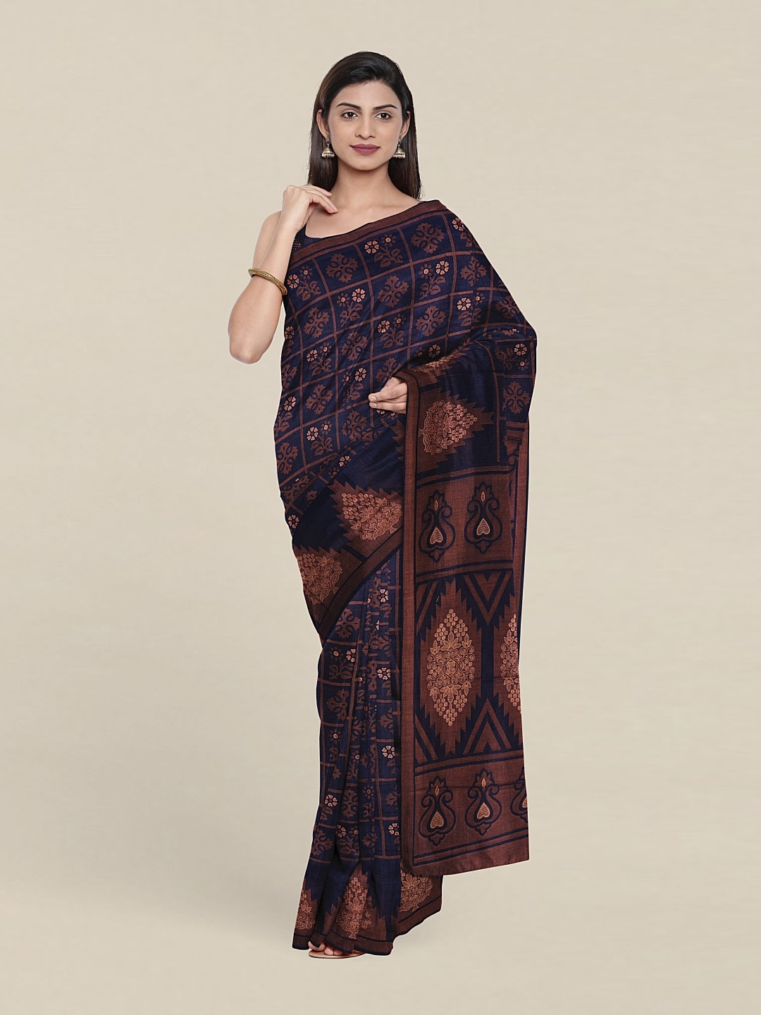 

Pothys Ethnic Motifs Print Saree With Unstitched Blouse, Navy blue