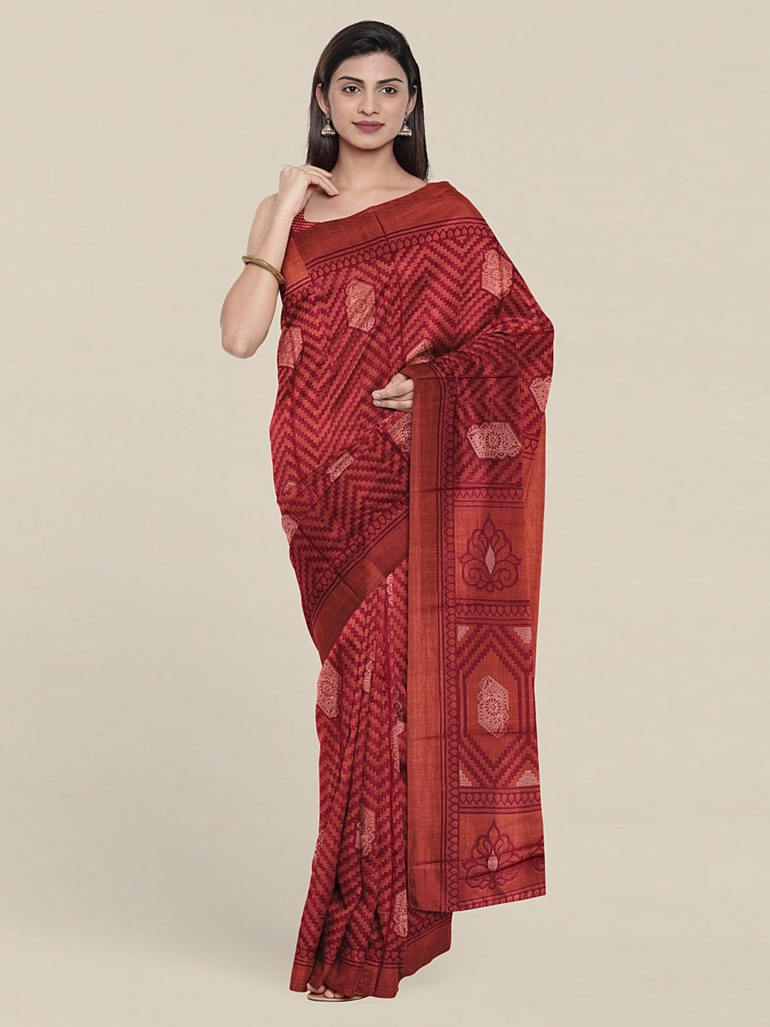 

Pothys Geometric Print Saree With Unstitched Blouse, Purple