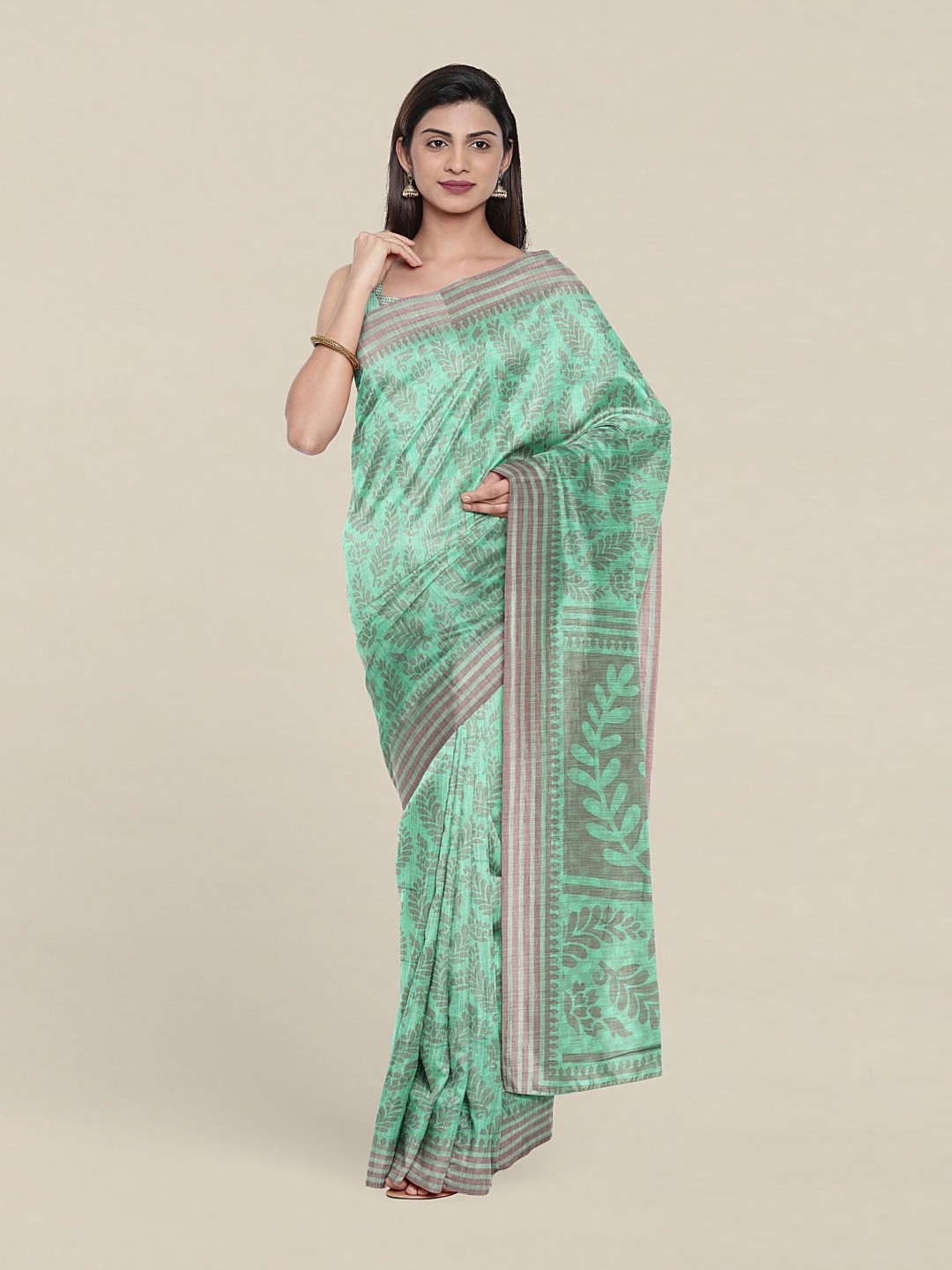 

Pothys Green & Grey Floral Saree