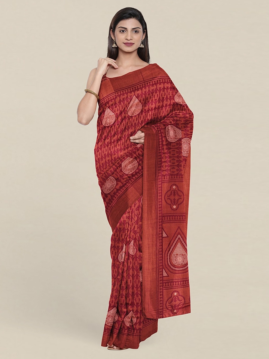 

Pothys Maroon Cotton Blend Ethnic Motifs Print Saree