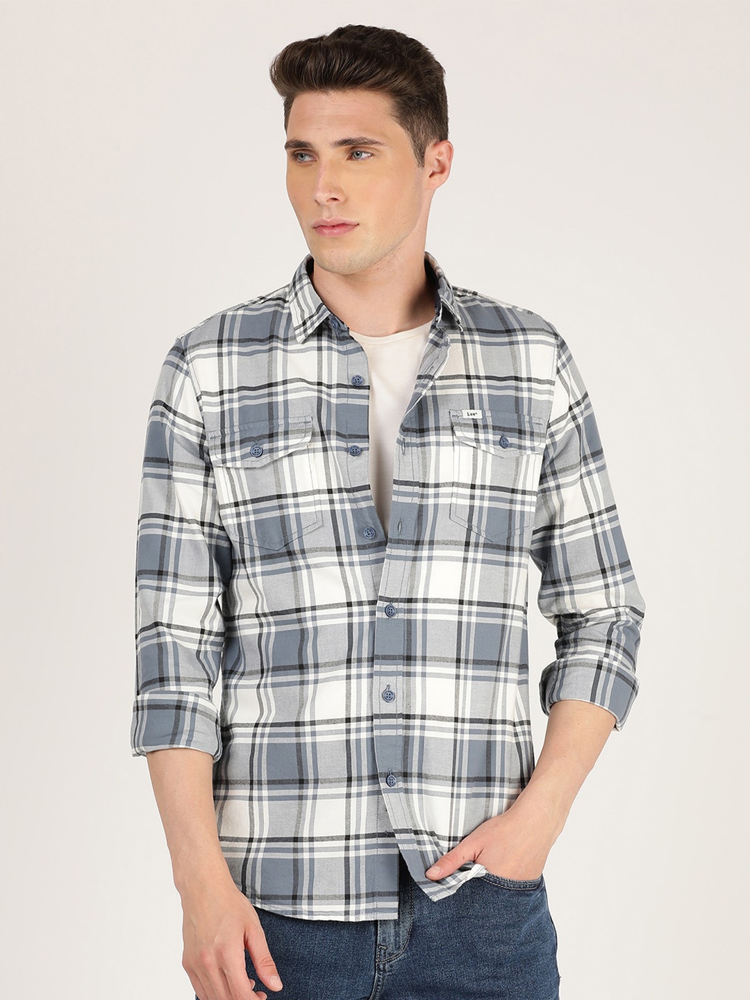 

Lee Men Slim Fit Tartan Checks Checked Casual Shirt, White
