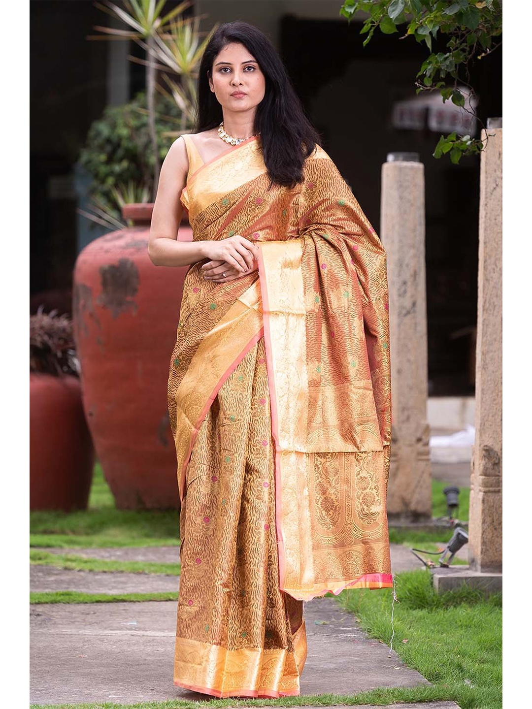 

KARAGIRI Beige & Green Woven Design Zari Banarasi Saree