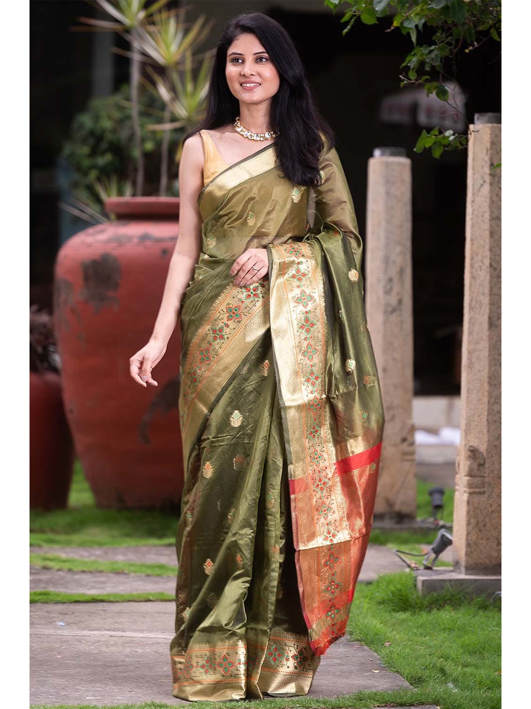 

KARAGIRI Green & Red Woven Design Zari Organza Banarasi Saree