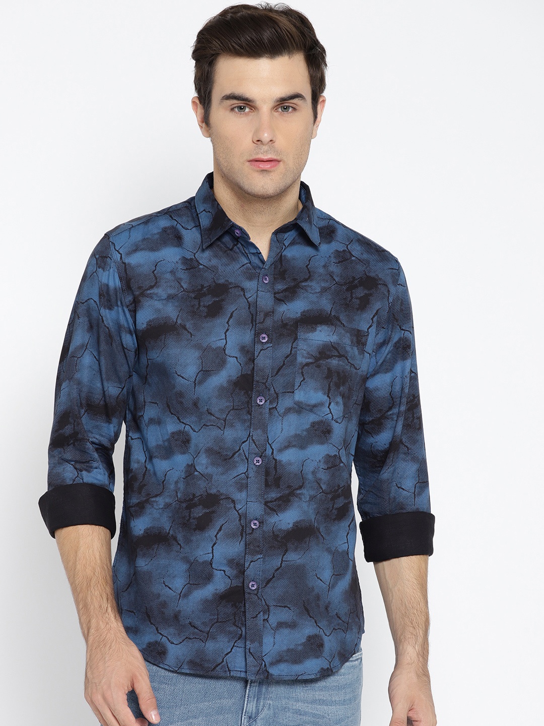 

John Players Men Blue Trim Fit Printed Casual Shirt