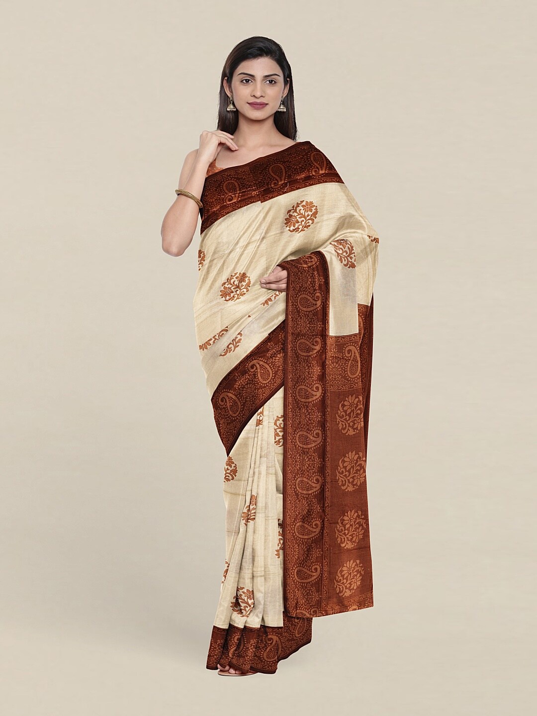 

Pothys Cream-Coloured & Brown Floral Zari Saree