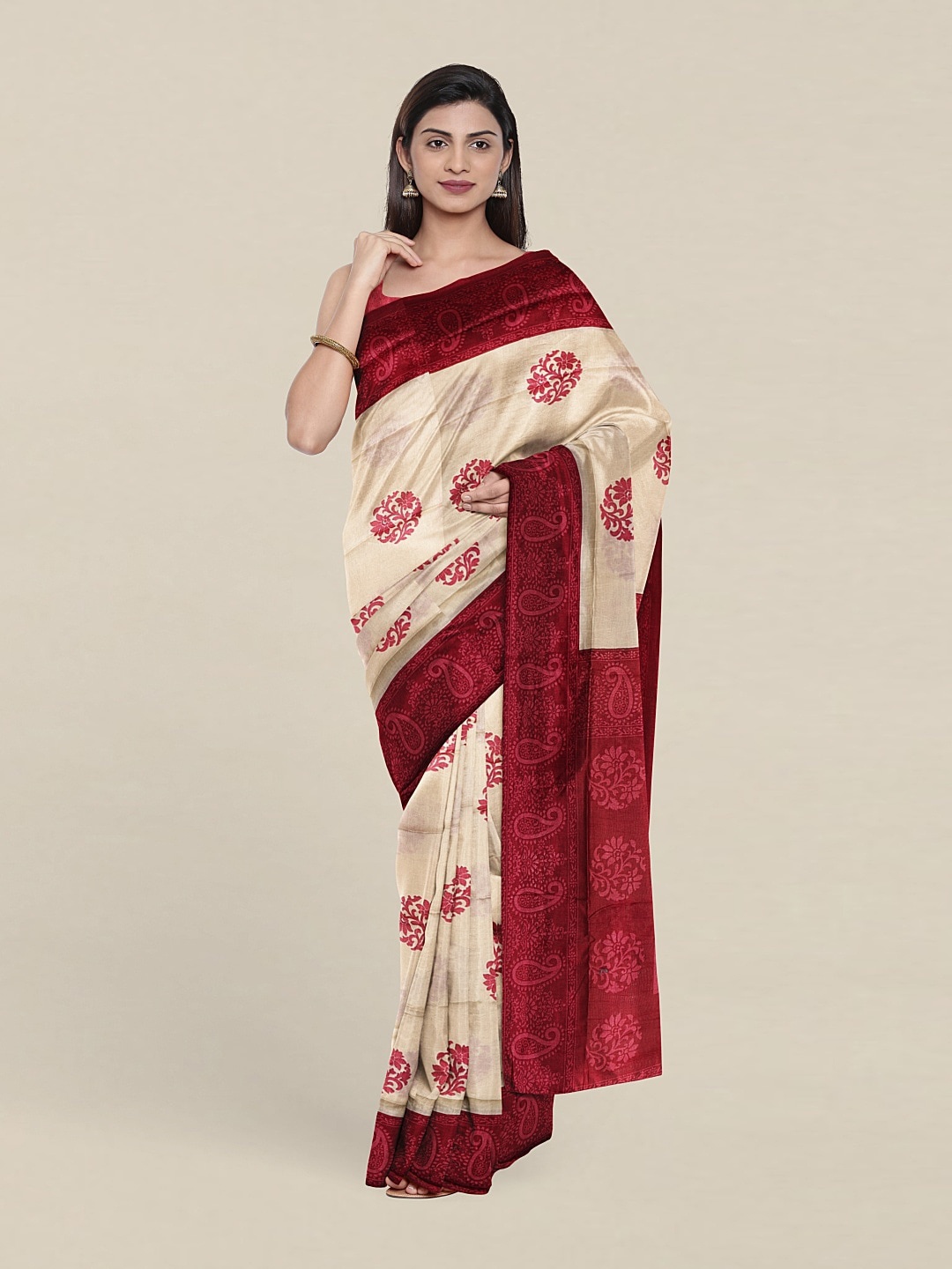 

Pothys Cream-Coloured & Pink Floral Saree