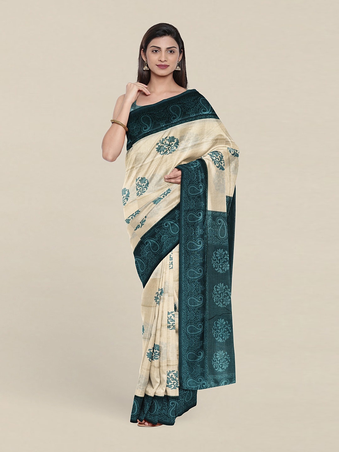 

Pothys Cream-Coloured & Teal Floral Saree