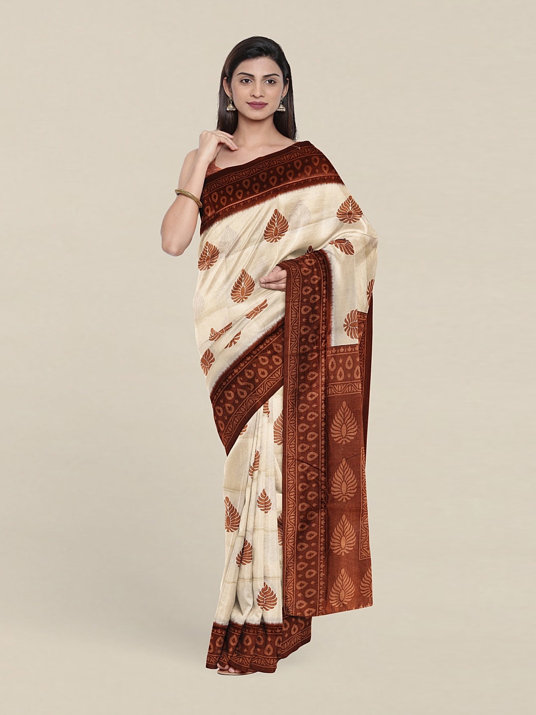 

Pothys Cream-Coloured & Brown Ethnic Motifs Saree