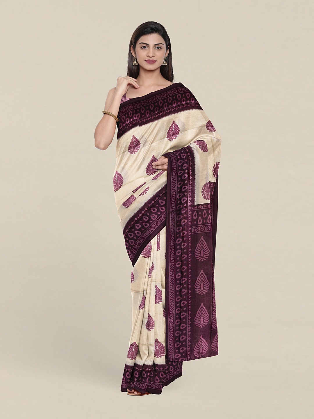 

Pothys Cream-Coloured & Violet Ethnic Motifs Saree