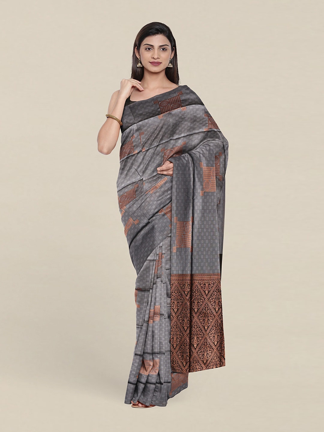 

Pothys Grey & Copper-Toned Woven Design Zari Saree