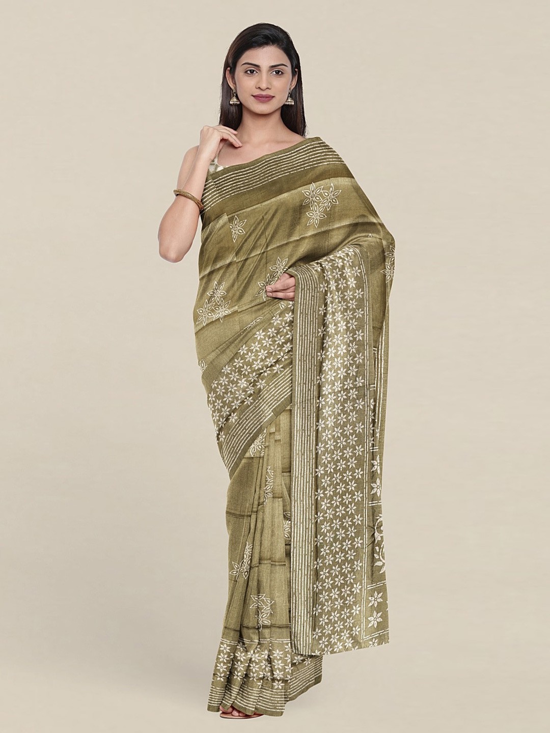 

Pothys Floral Print Pure Cotton Saree With Unstitched Blouse, Green