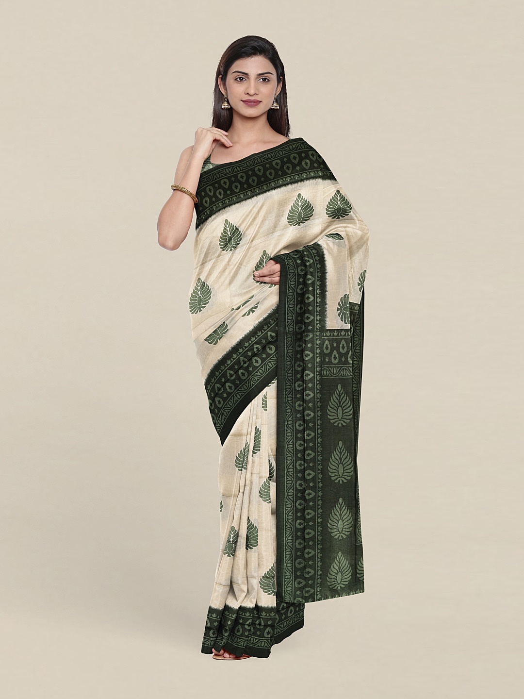 

Pothys Ethnic Motifs Print Pure Cotton Saree With Unstitched Blouse, Cream
