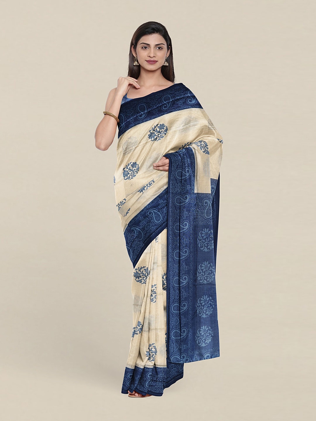 

Pothys Ethnic Motifs Pure Cotton Saree With Unstitched Blouse, Cream