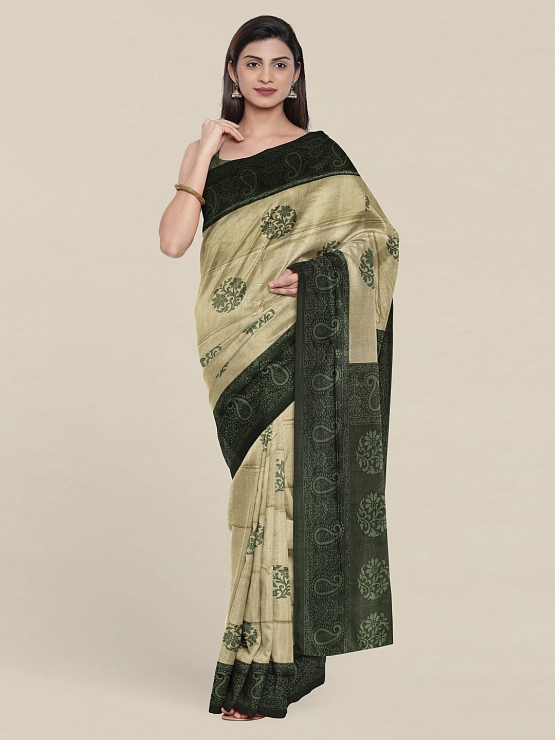 

Pothys Green & Cream-Coloured Floral Saree