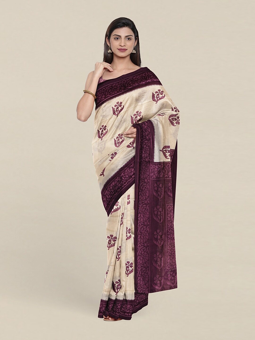 

Pothys Cream-Coloured & Violet Floral Saree