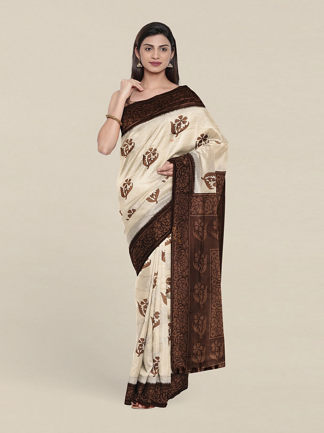 

Pothys Cream-Coloured & Brown Floral Saree