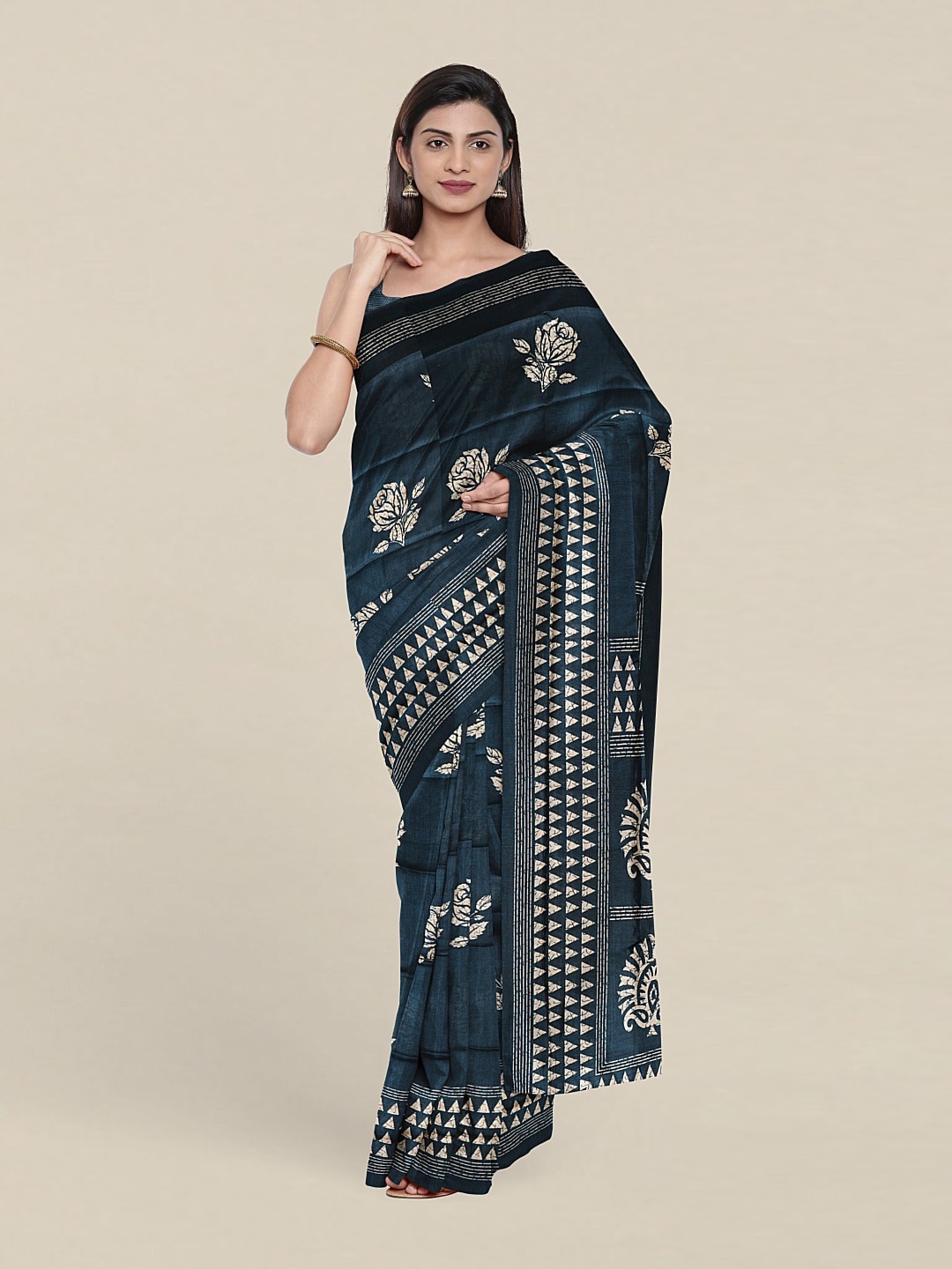 

Pothys Blue & Cream-Coloured Floral Saree