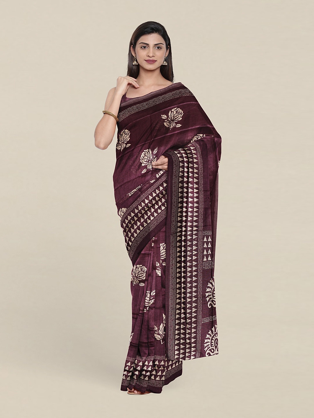 

Pothys Violet & Cream-Coloured Floral Saree