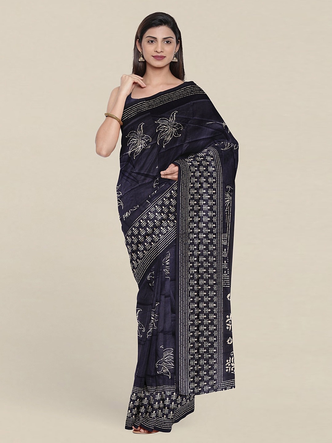 

Pothys Ethnic Motifs Block Print Pure Cotton Saree, Navy blue