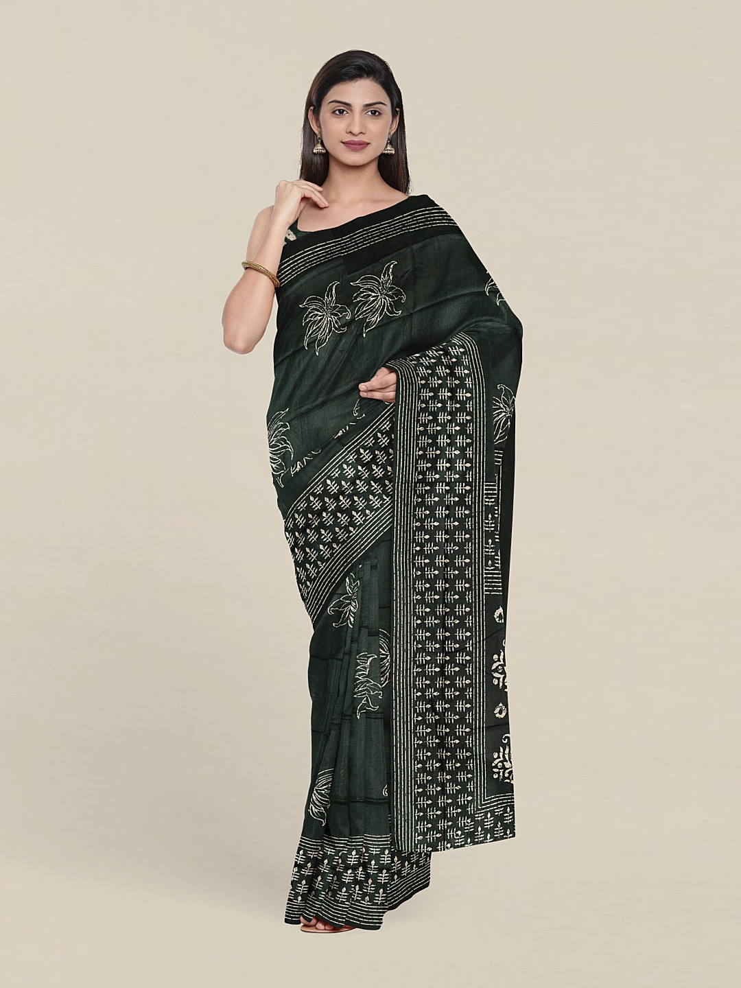 

Pothys Ethnic Motifs Block Print Pure Cotton Saree, Green