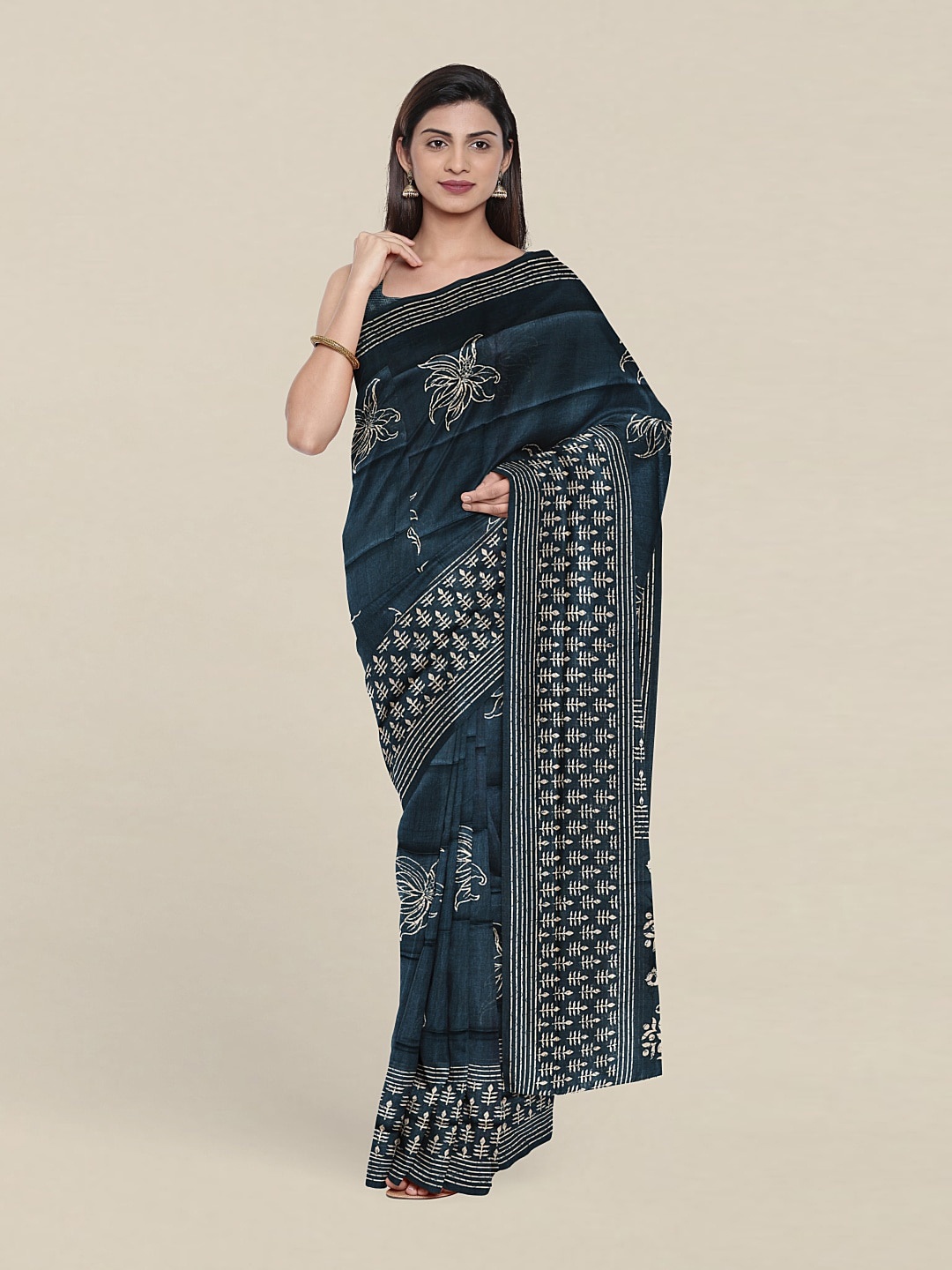 

Pothys Blue & Cream-Coloured Floral Saree