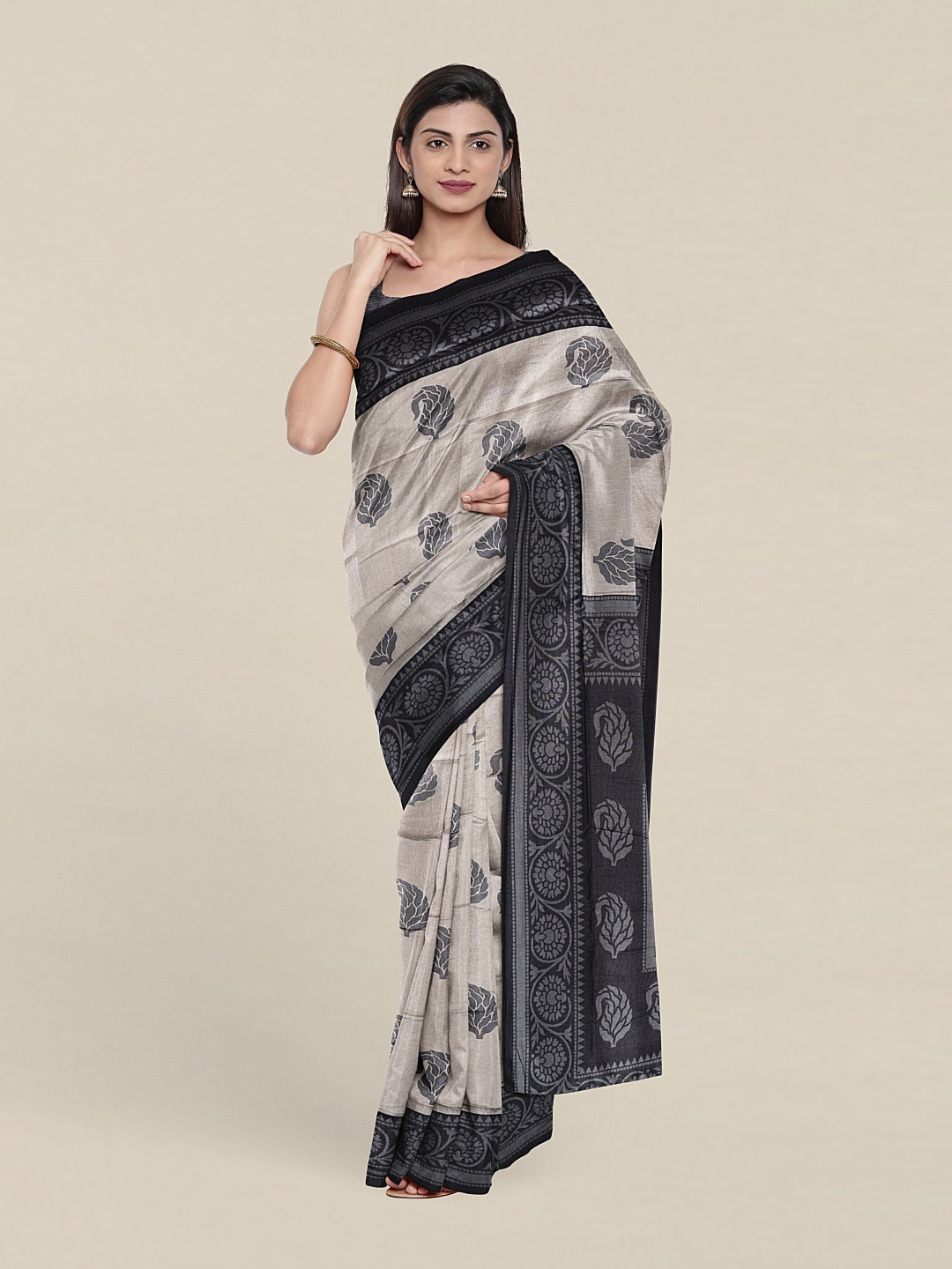 

Pothys Grey & Black Pure Cotton Paisley Saree